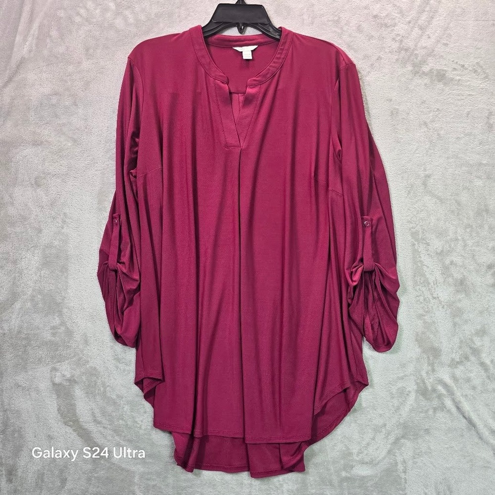 Cato Womens Plus 18/20W Berry Pink Roll Tab Sleeve High Low Pleated Back Tunic